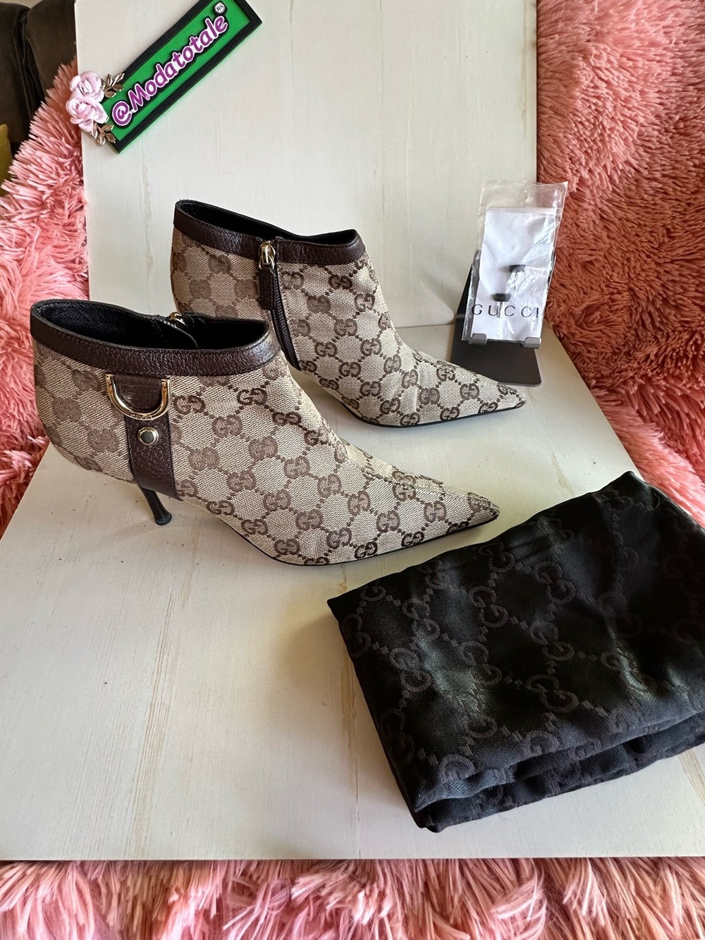 Gucci Beige GG Canvas Pointed Ankle Booties with Brown Trim